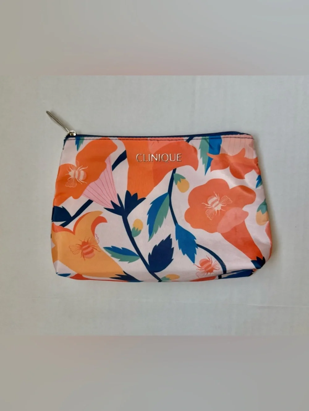 Clinique Zip Top Cosmetic Bag Floral Orange Pink Blue Print